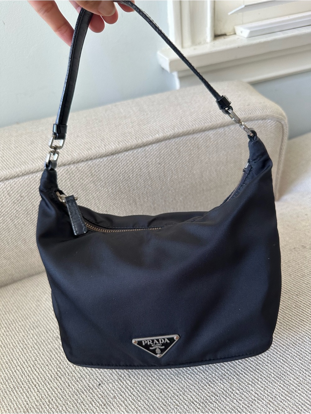 Prada Black Nylon Hobo Shoulder Bag with Silver Hardware